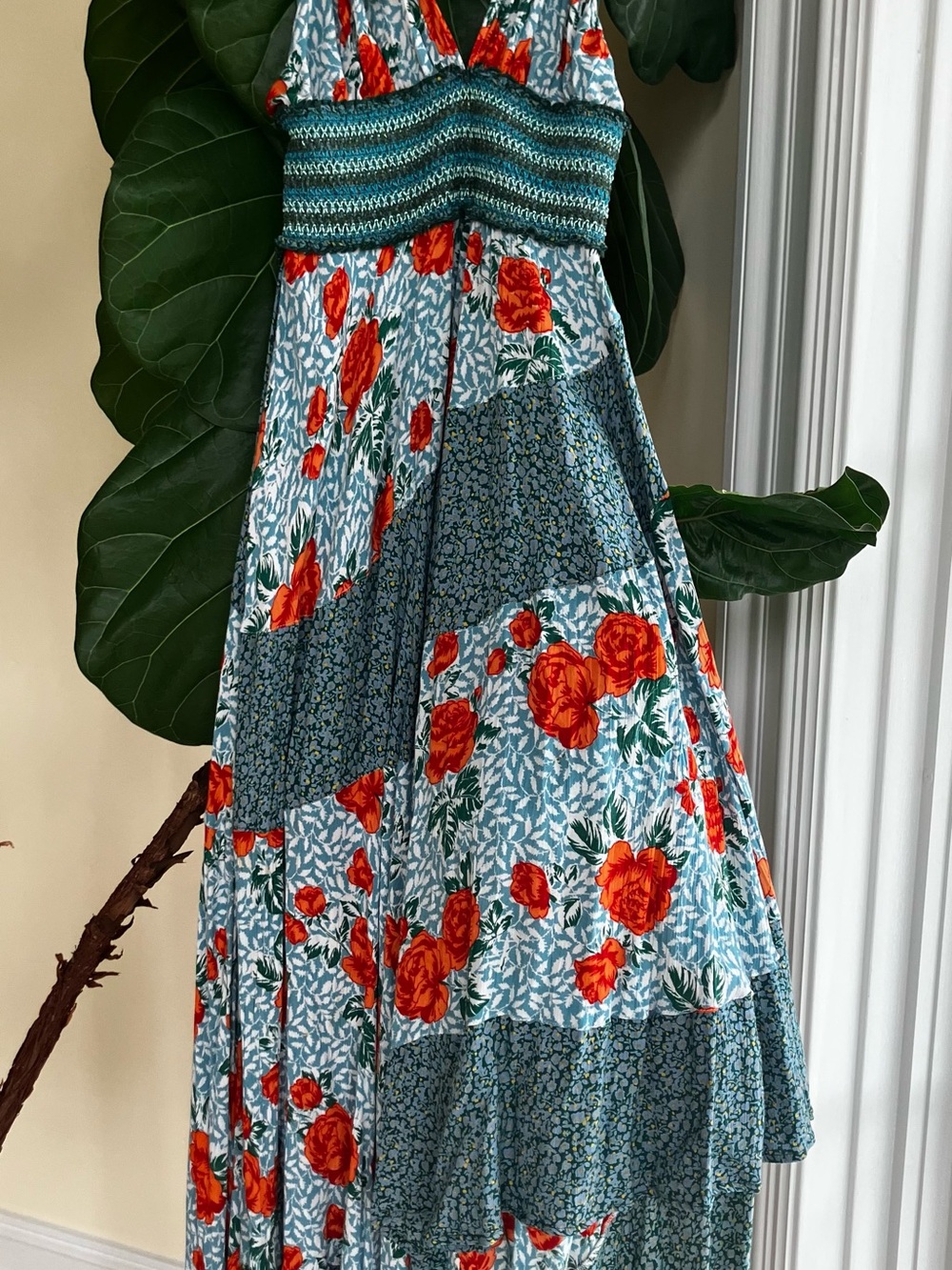 Free People Patchwork Floral Maxi Dress in Blue and Orange
